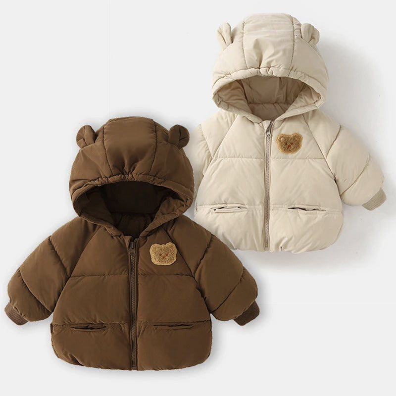 Hooded baby cotton-padded jackets in dark brown and apricot with teddy patches