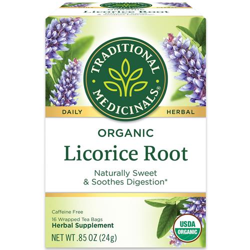 Traditional Medicinals organic licorice root herbal tea box with purple flower accents