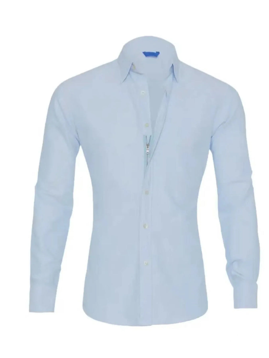 Light blue men’s long-sleeve button-down business shirt with spread collar and front buttons