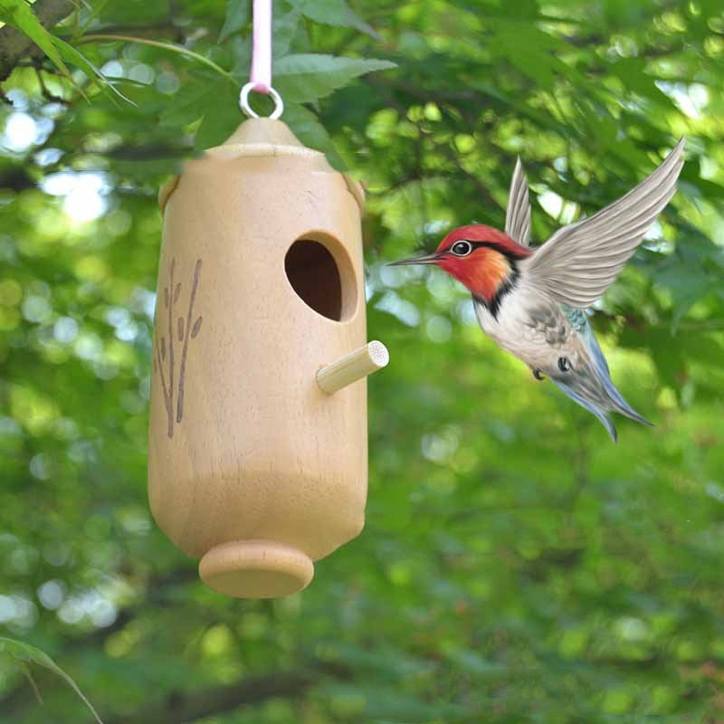 Hanging wooden birdhouse with round entrance hole and small side perch, bird-nest style.