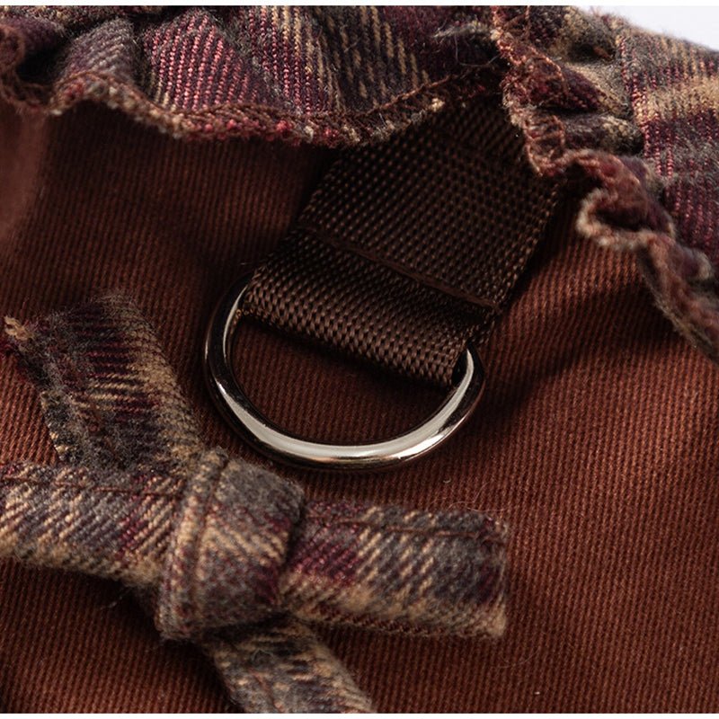 Brown plaid fleece pet sweater dress detail: built-in leash ring