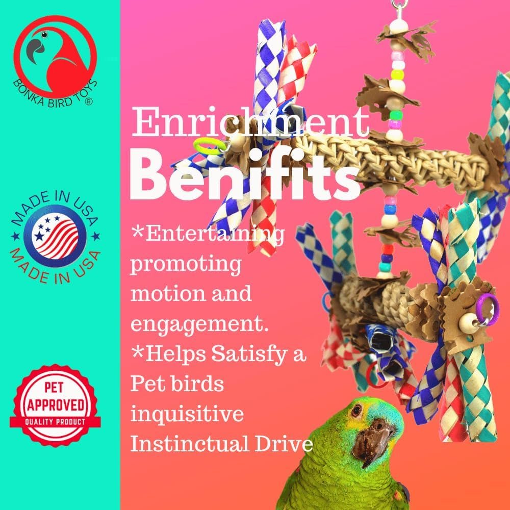 Wide parrot toy with woven bars, dangling beads and multicolor braided strips