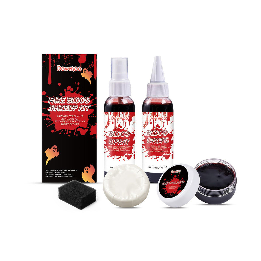 Halloween fake blood makeup set: two blood spray bottles, cream, jar, sponge, box