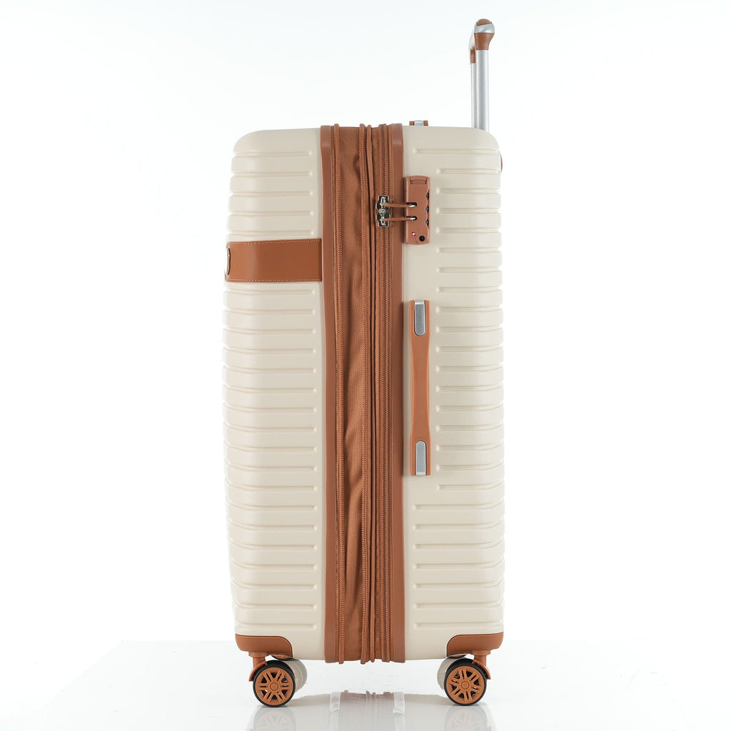 Hard-shell rolling suitcase with beige shell, brown zipper divider, and four spinner wheels