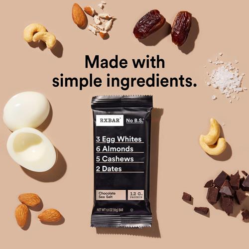 RXBAR Chocolate Sea Salt protein bar pack with list of 3 egg whites, almonds, cashews, dates