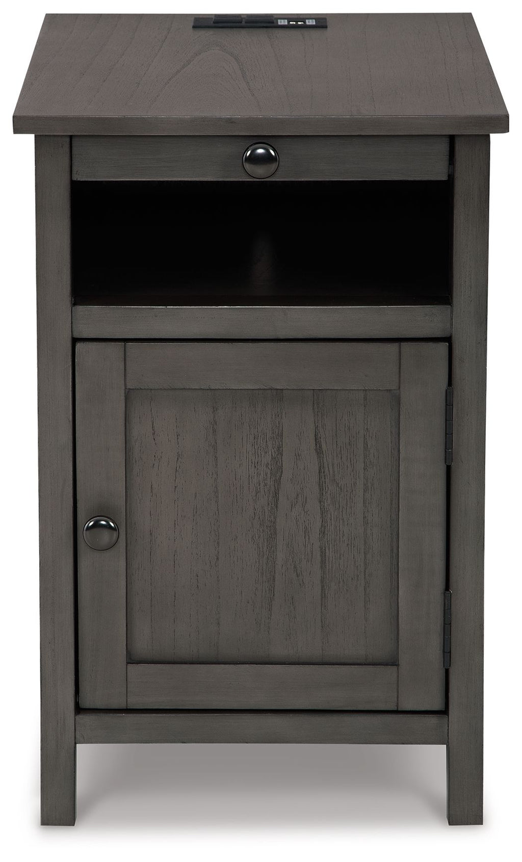 Chair side end table in dark gray wood with drawer and cabinet door, round knobs