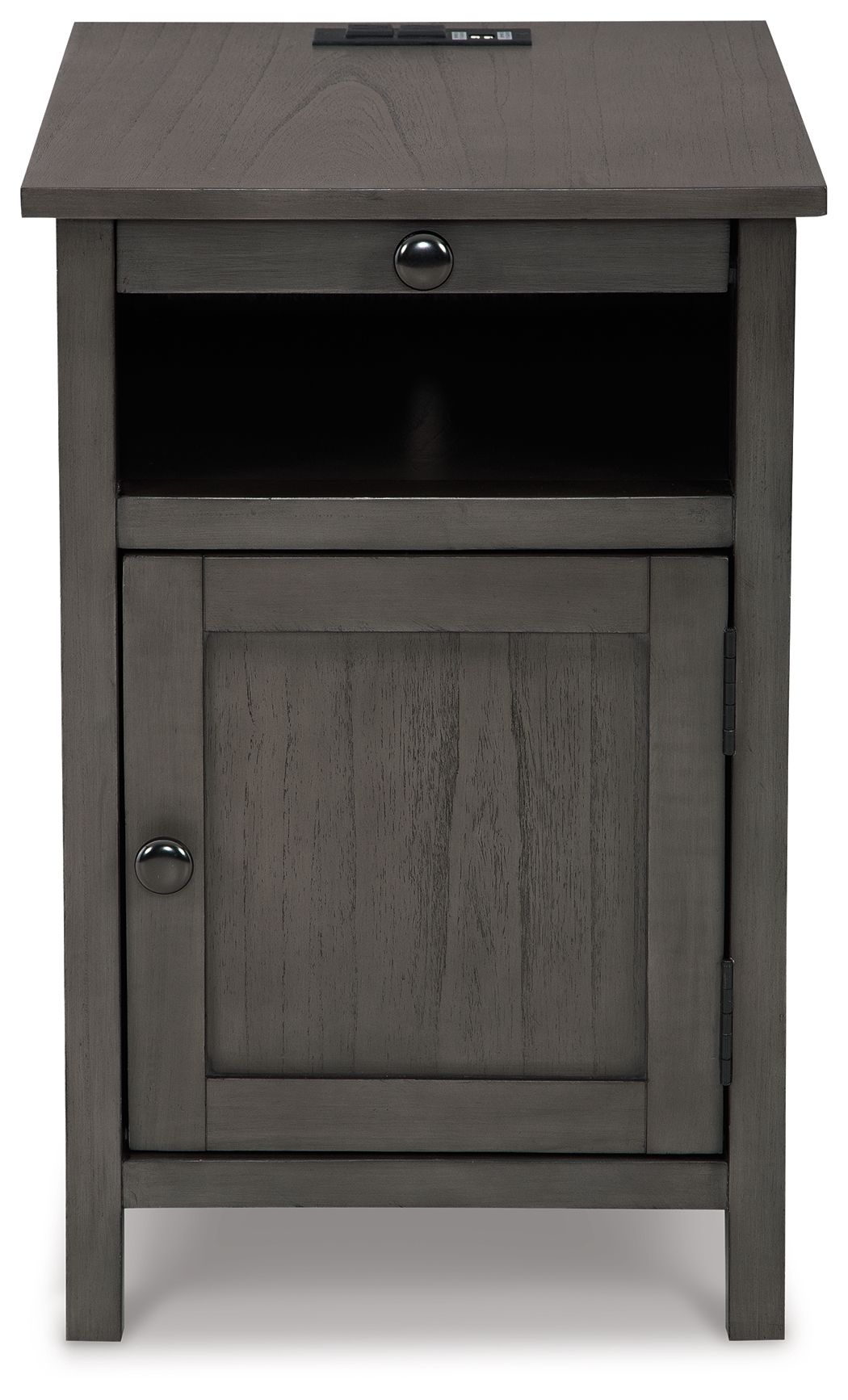 Chair side end table in dark gray wood with drawer and cabinet door, round knobs