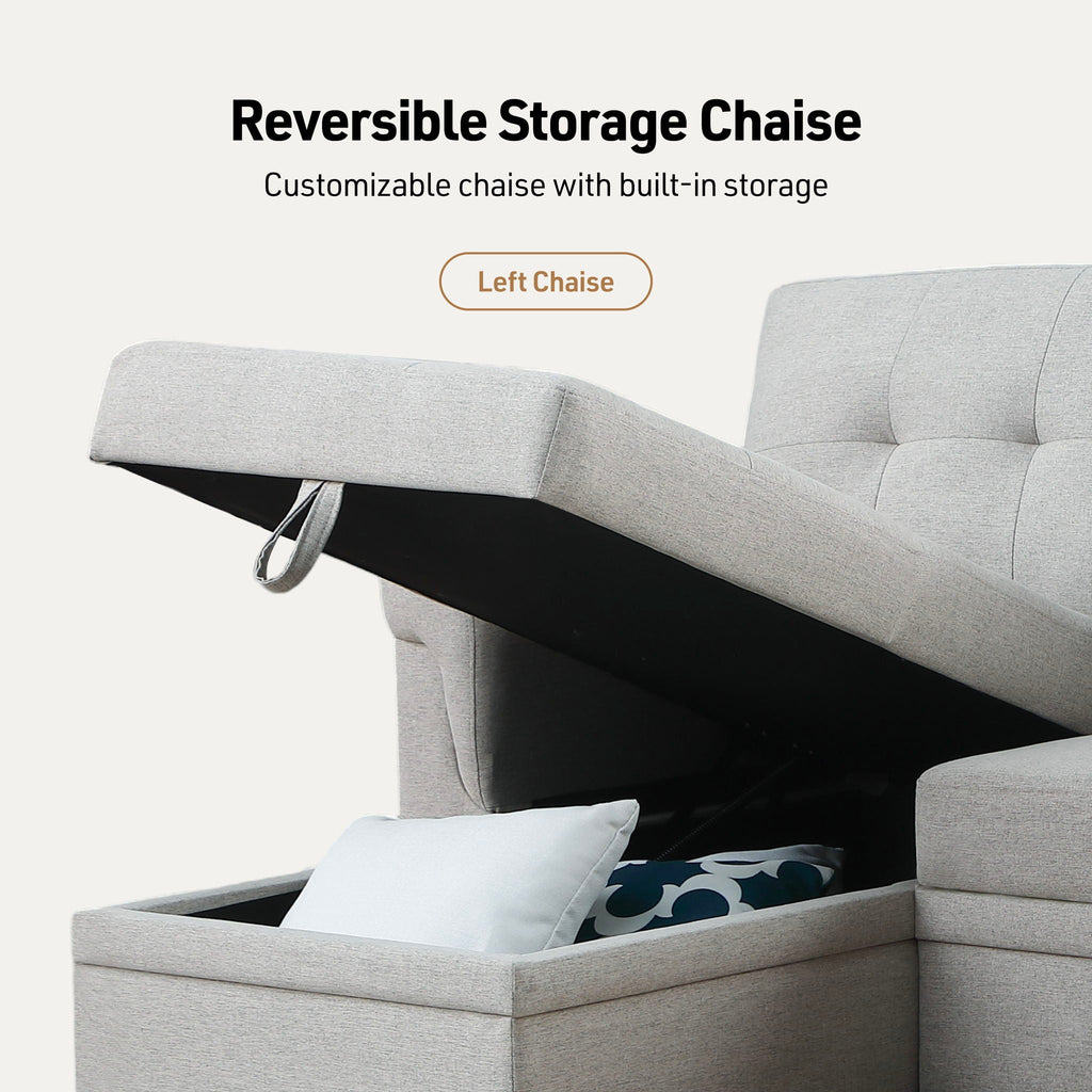 Light gray storage chaise with open compartment and visible sleeper pull-out mechanism