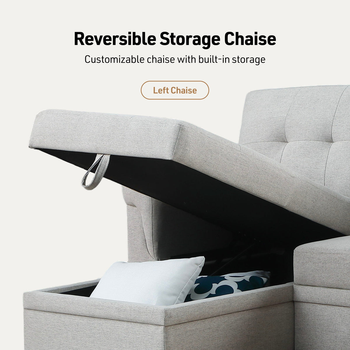 Light gray storage chaise with open compartment and visible sleeper pull-out mechanism