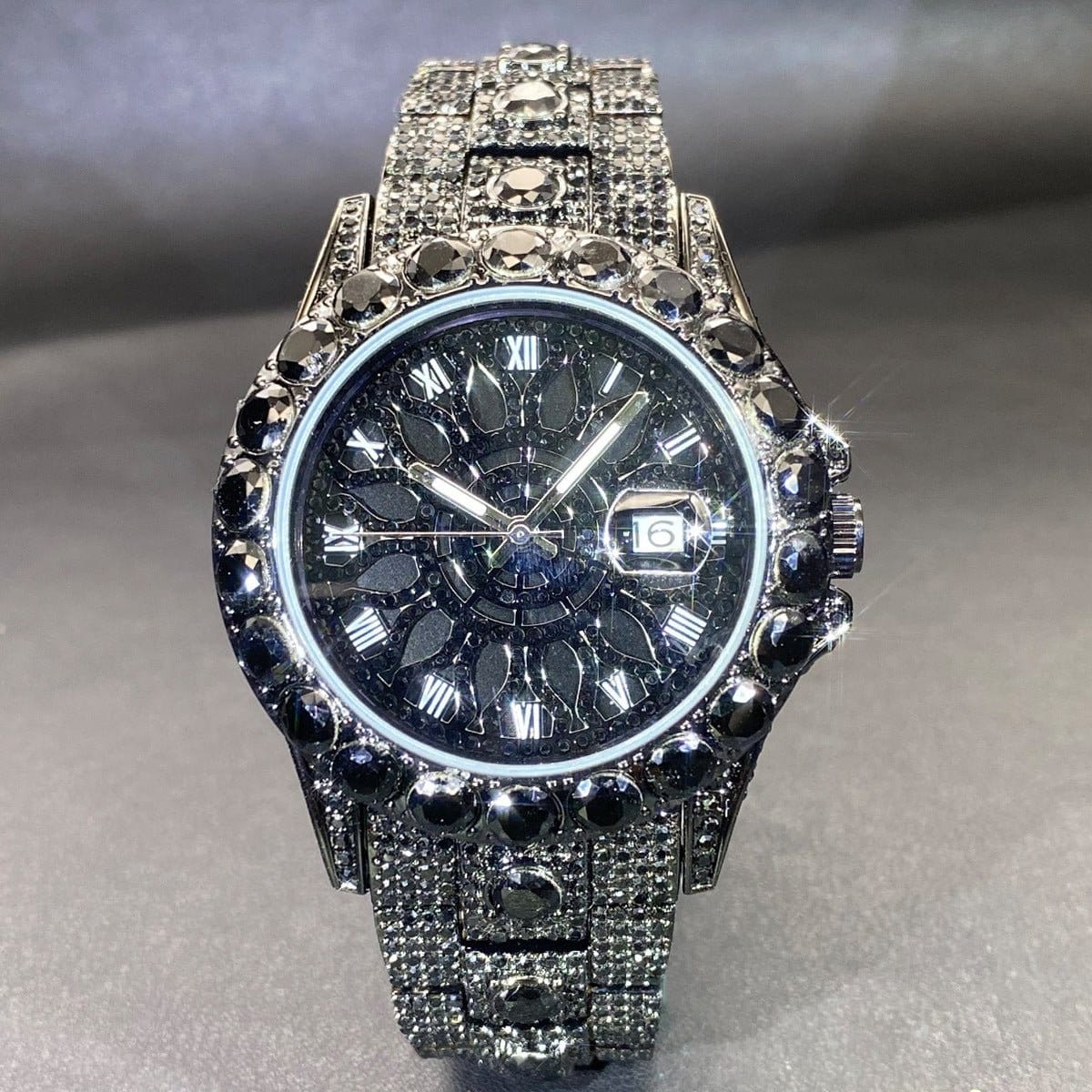 Black rhinestone hip-hop watch with dark dial and chunky link bracelet
