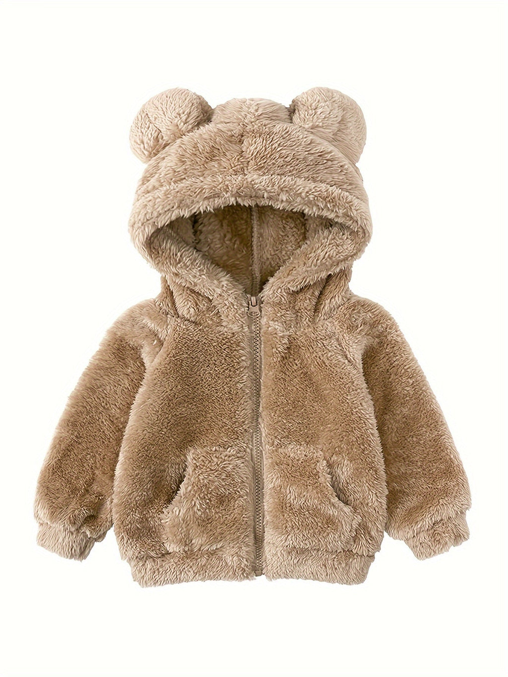 Baby girl fuzzy hooded jacket in camel plush with bear-ear hood and front zipper