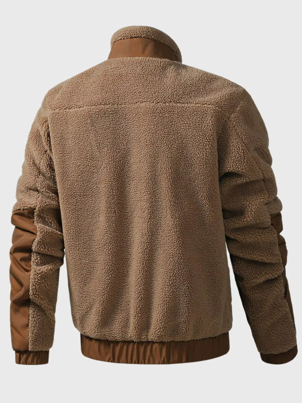 Men's sherpa fleece zip-up jacket back view, tan-brown, stand collar, ribbed hem and cuffs
