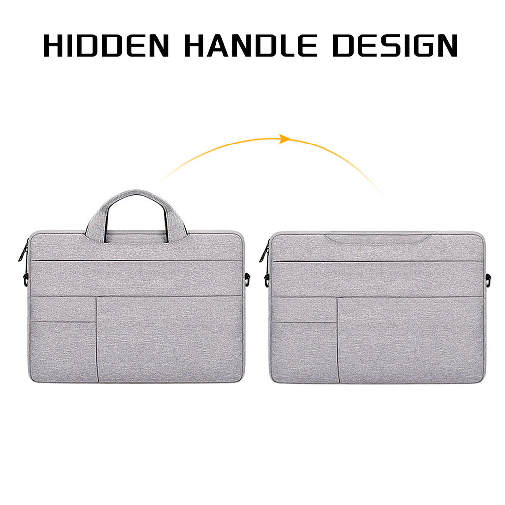 Gray laptop bag shown with front and back panels, including hidden handle design
