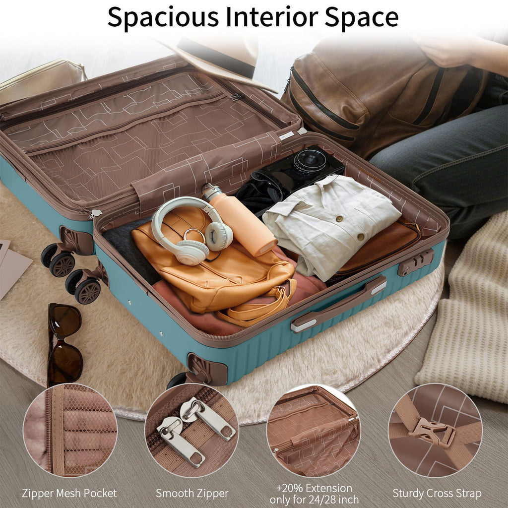 Hard-shell suitcase interior with mesh zipper pocket, straps, and foldable packing panels