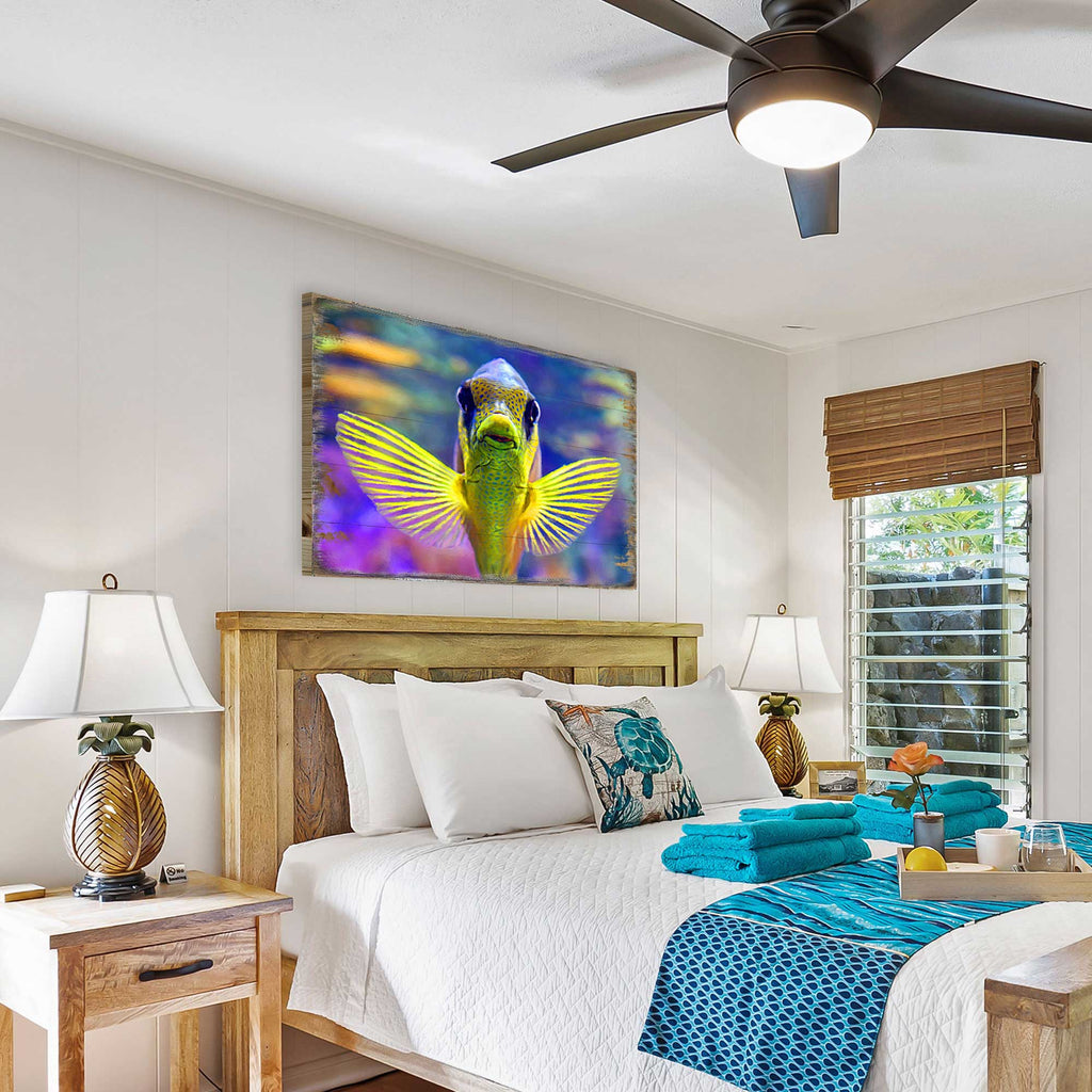 Wall-hung framed tropical fish wall art with winged fish motif, bright coastal colors.