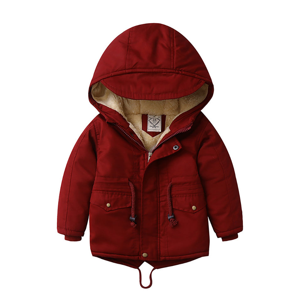 Boys hooded winter coat in deep red with zip front, snap pockets, and sherpa-lined hood.
