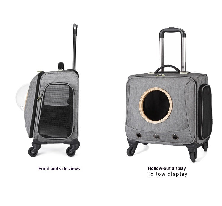 Light gray wheeled pet carrier in front and side views, mesh door and round window