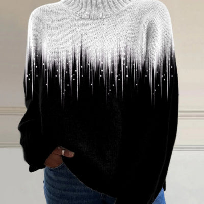 Womens knit pullover sweater with ribbed turtleneck and black lower ombre print