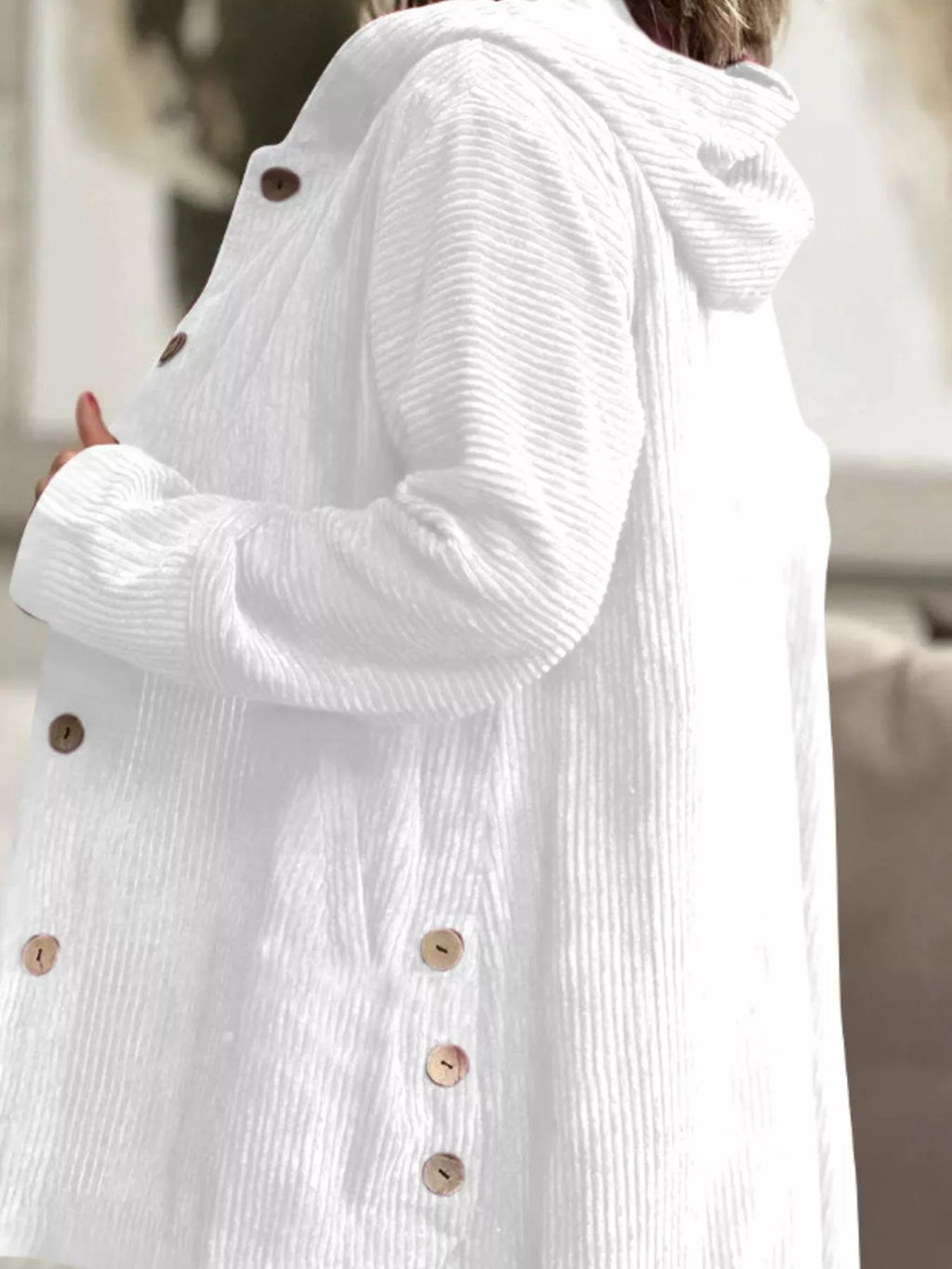 Plus-size corduroy hooded button-up jacket, white, button front and adjustable hood
