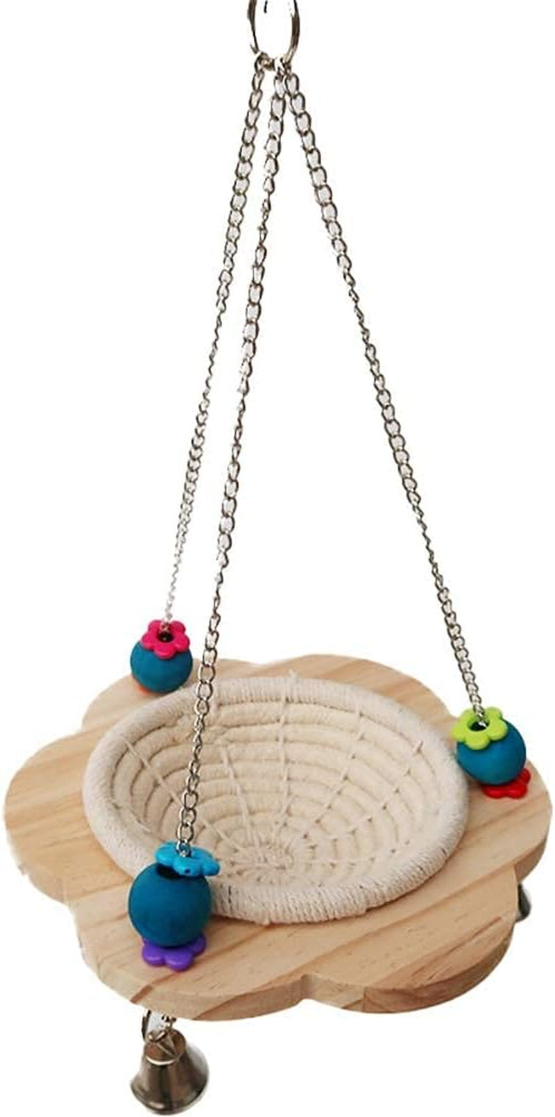 Bird nest swing hammock with woven rope seat, wooden base, metal chains, bells and beads