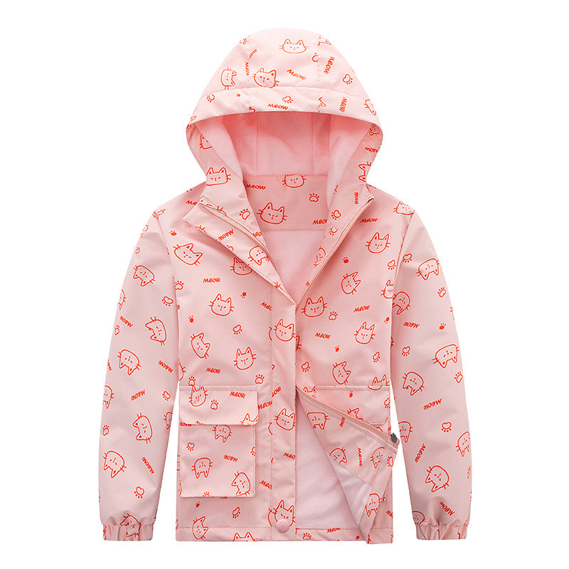 Kids waterproof hooded jacket, pink with cute animal face print, full zip and elastic cuffs.