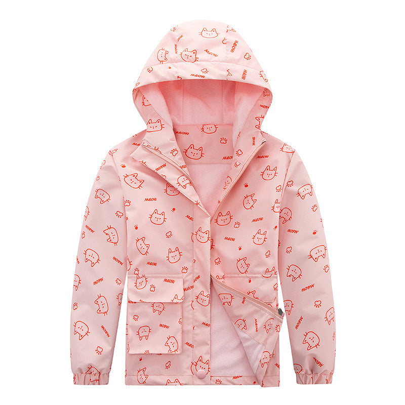 Kids' hooded waterproof jacket in light pink with repeating cat-face pattern