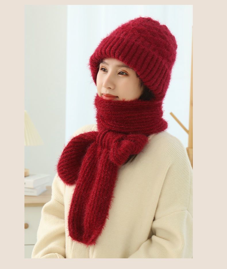 Women’s knit winter hat and scarf set with hood, deep wine red