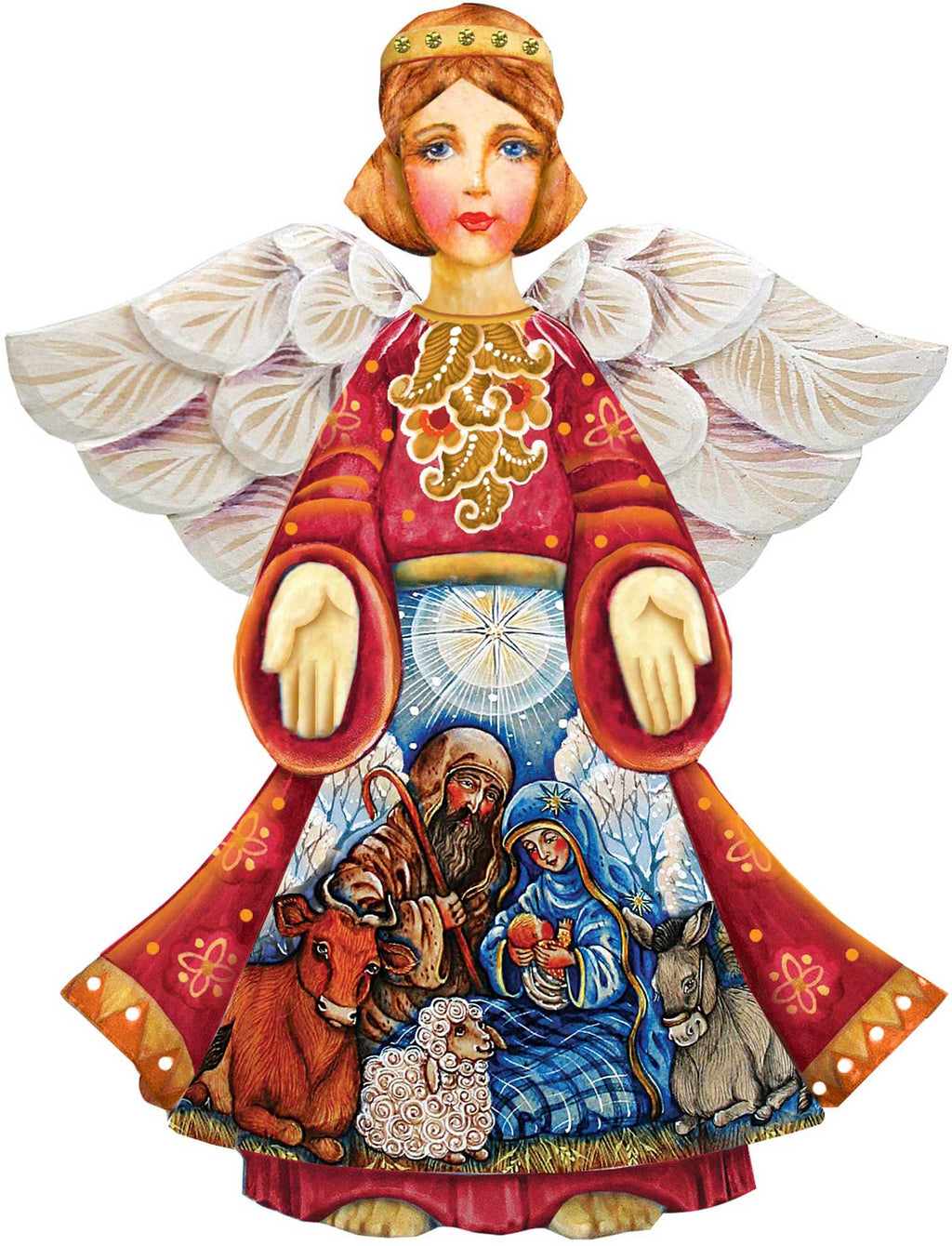 Nativity angel door decor close-up: red robe, gold trim, white wings, rings over nativity