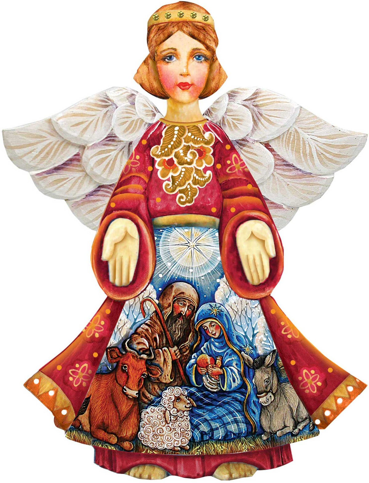 Nativity angel door decor close-up: red robe, gold trim, white wings, rings over nativity