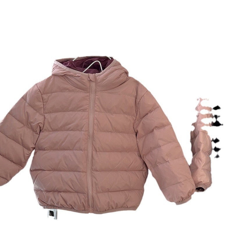 Kids' mauve hooded puffer jacket with full zipper and quilted padded sleeves