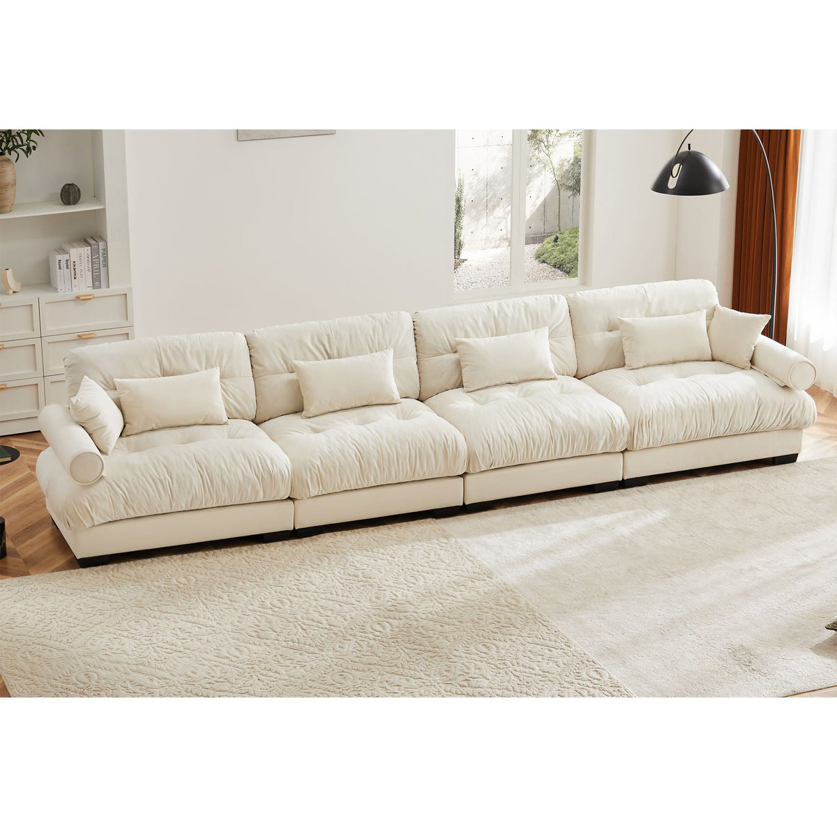 Beige modular L-shaped sectional sofa with deep seats and square back cushions