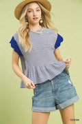 Navy-and-white striped peplum top with ruffle sleeves and smocked waist