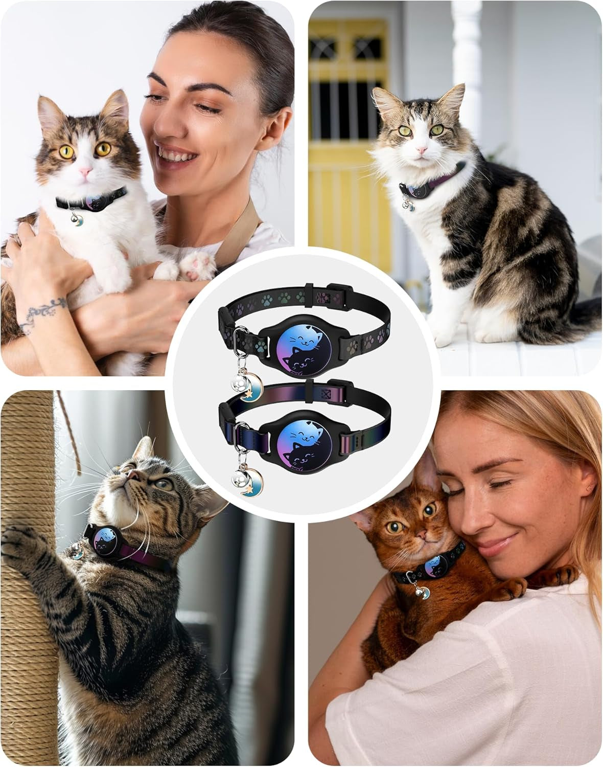 Black cat collar with cat-print AirTag holder, shown on cats with owners