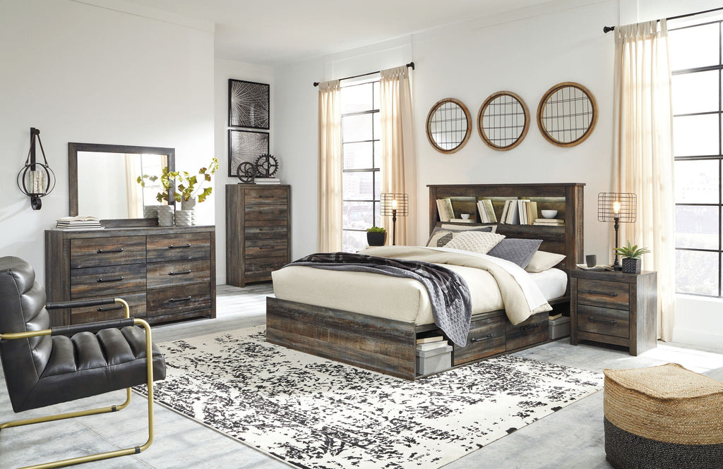 Bookcase bed frame with storage shelves and footboard, gray-brown wood