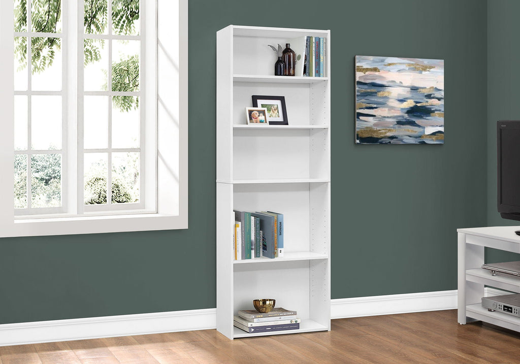White 6-tier bookcase with open shelves and vertical supports