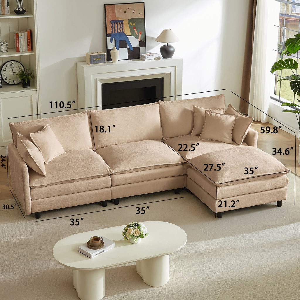 Beige modular sectional sofa with chaise and throw pillows, shown in a room layout.