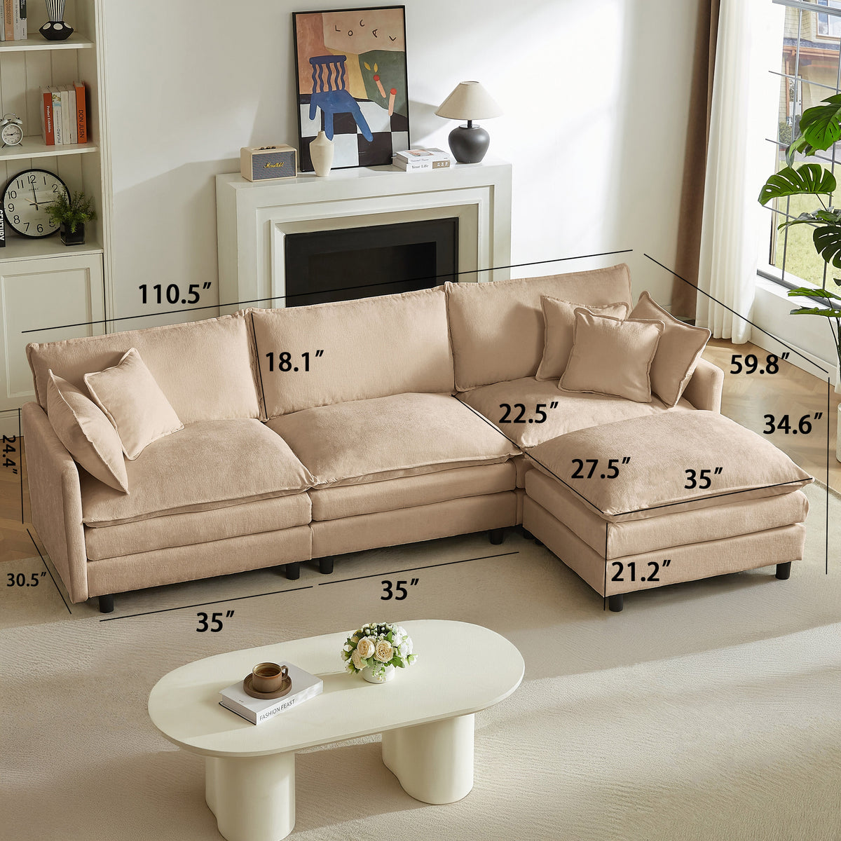 Beige modular sectional sofa with chaise and throw pillows, shown in a room layout.