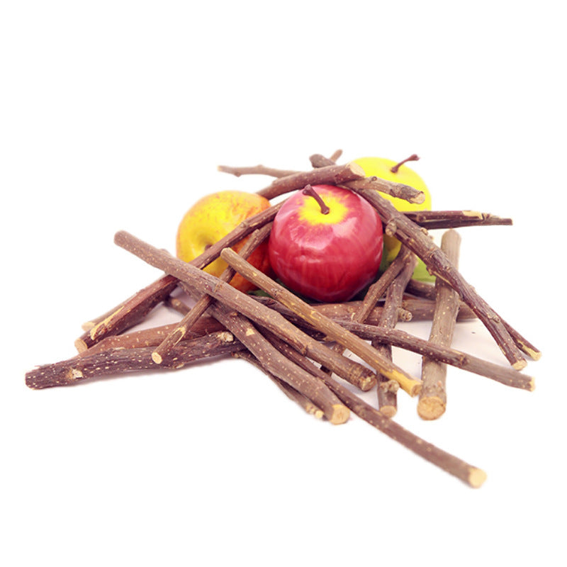 Dried branch pet treats with apple slice and red core, dark brown sticks
