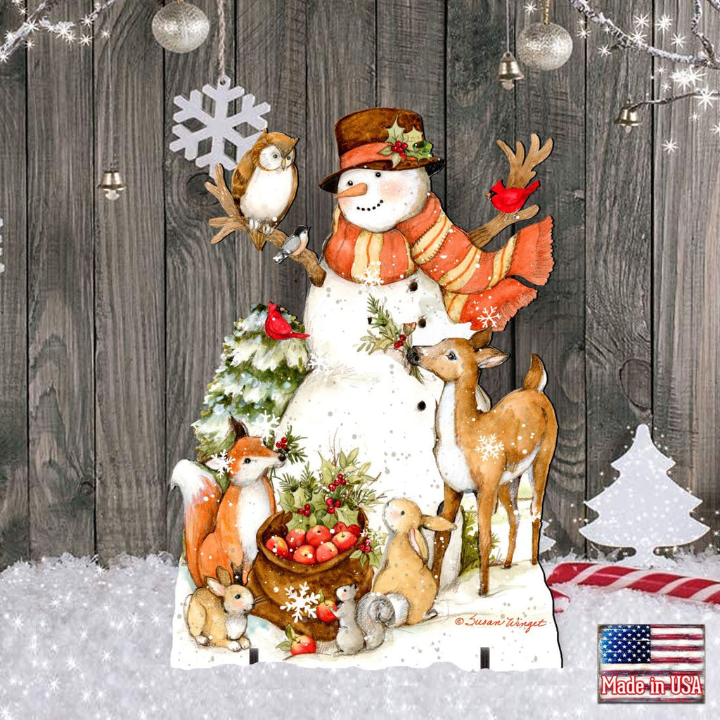 Snowman yard sign with orange scarf, reindeer and woodland animals on snowy base