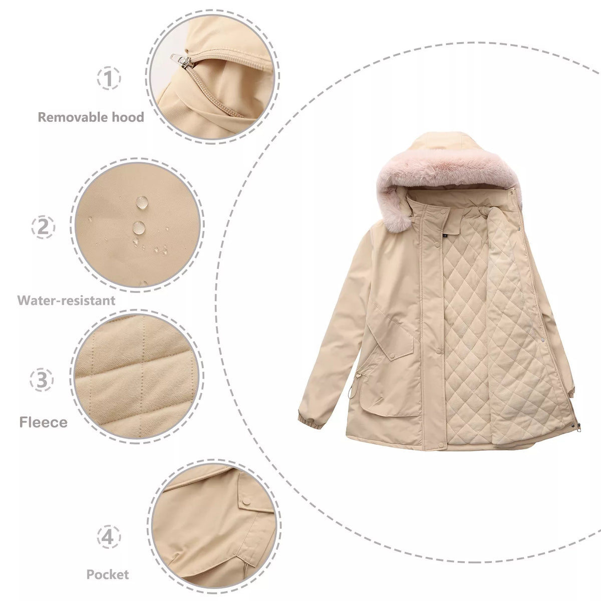 Khaki parka with detachable faux-fur hood and quilted body with pocket details
