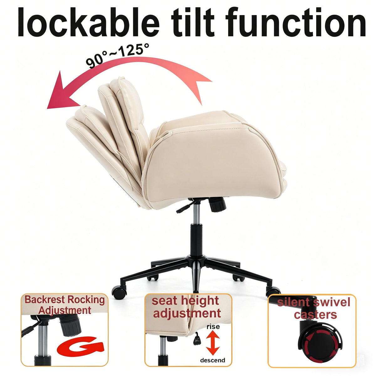 Beige swivel desk chair with padded backrest and seat, showing base and tilt feature