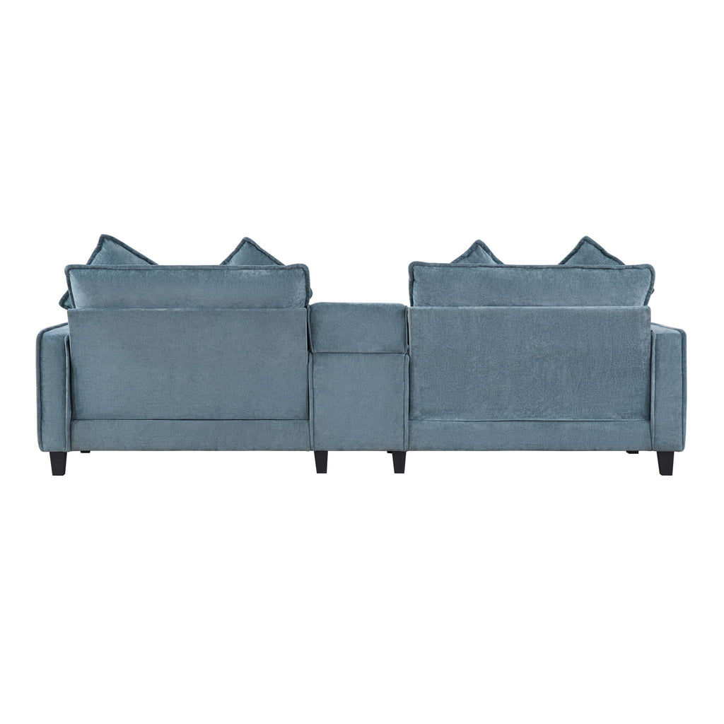 Light blue sectional sofa with removable ottomans, straight profile, square arm cushions