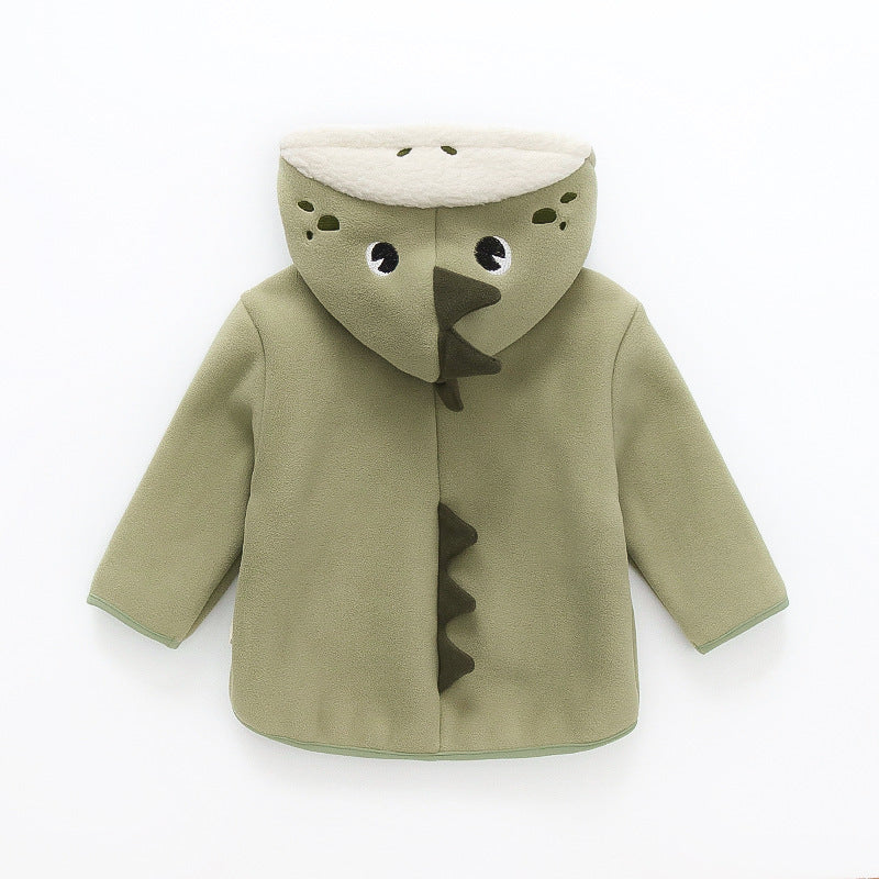 Olive green baby hooded velvet jacket with dinosaur hood, front closure