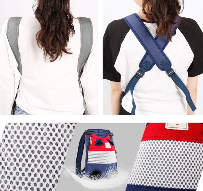 Pet carrier backpack with navy shoulder straps and front mesh panel detail