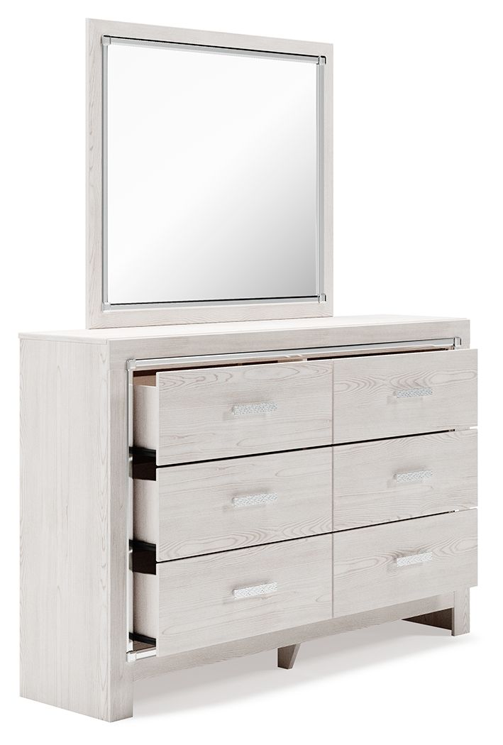 White dresser with open drawers and rectangular mirror