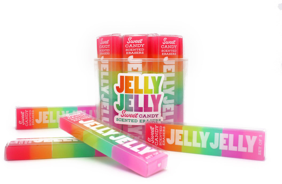 Colorful jelly-scented erasers set in clear container, pastel rainbow bars