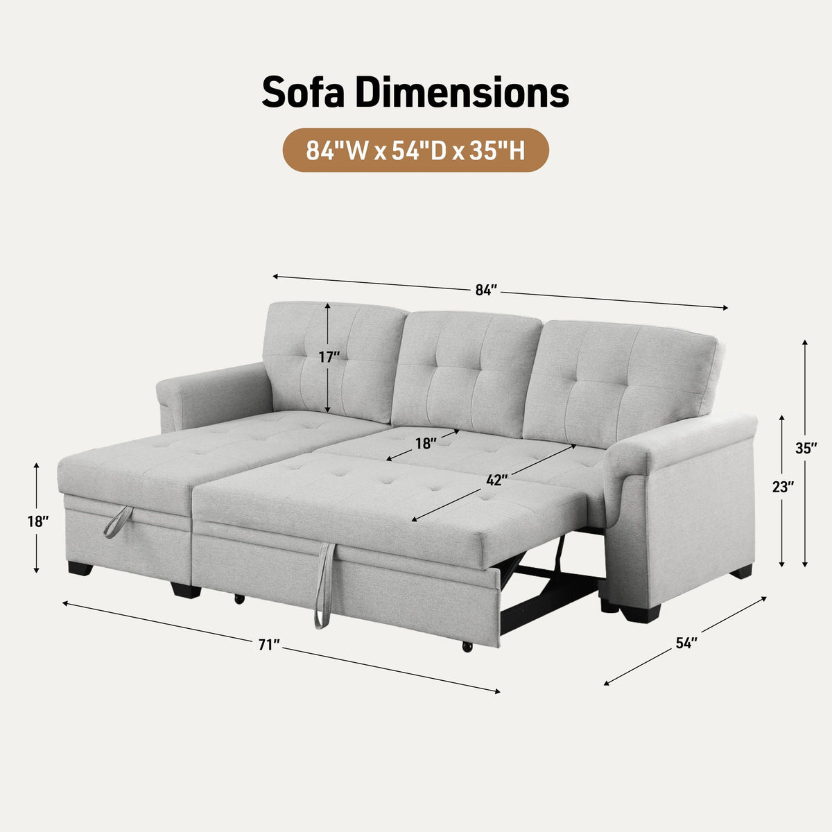 Light gray sleeper sectional sofa diagram with chaise and overall size measurements