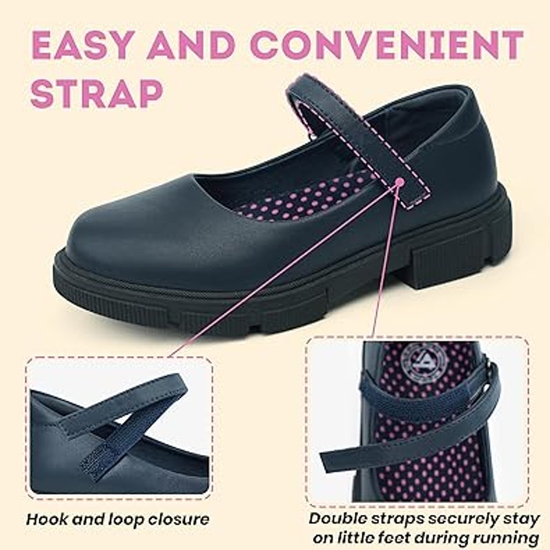 Navy toddler Mary Jane shoes with low heel, hook-and-loop closure, pink dot insole