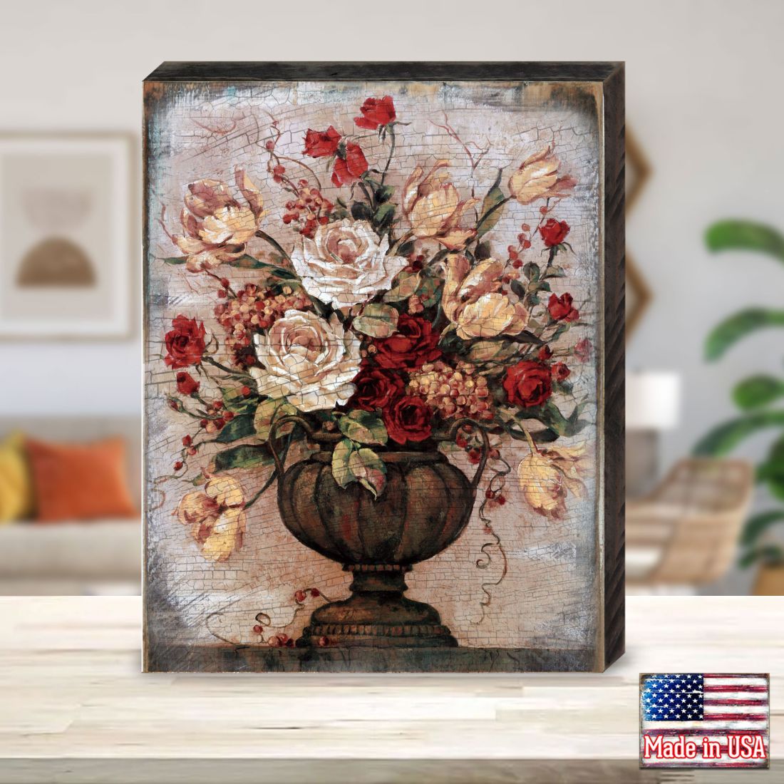 Floral bouquet wooden wall art with vase, red and cream flowers in dark frame