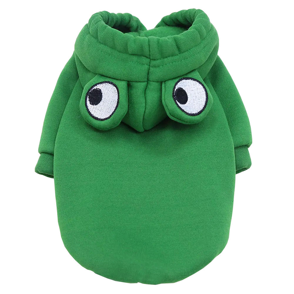 Green frog pet hoodie with raised hood, embroidered eye patches, and back pouch seam